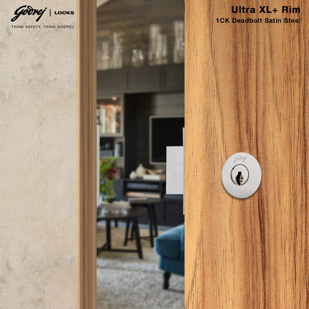Godrej Rim Lock I Rim Deadbolt Ultra XL Plus I 1CK Deadbolt I For Inside Opening Wooden Main Door | Left or Right Handed Doors I 4 Keys I 5-Year Warranty I Manual Locking I Satin Nickel Finish